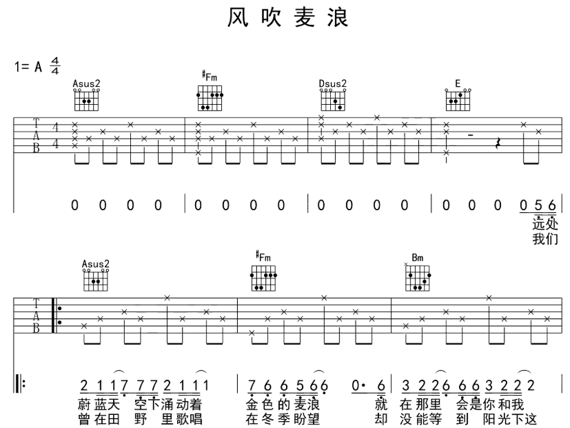 风吹麦浪吉他谱,李健,原版完美弹唱吉它谱,爱曲谱-我们都是爱音乐的人